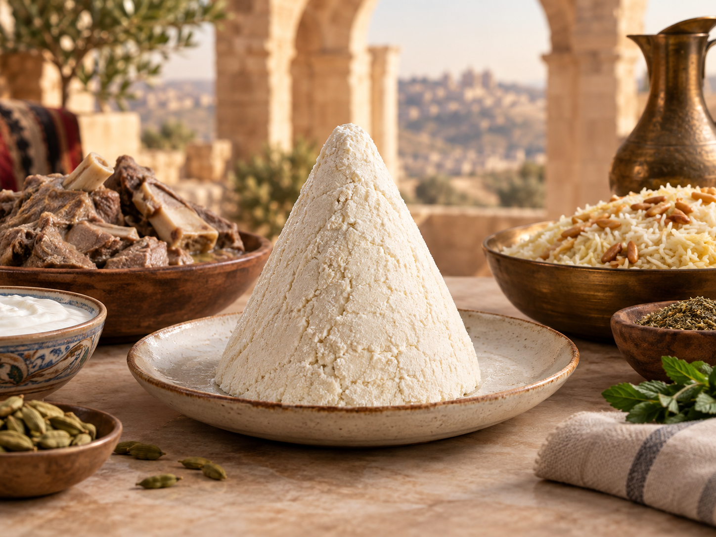 Dry Jordanian jameed cone displayed with Mansaf ingredients