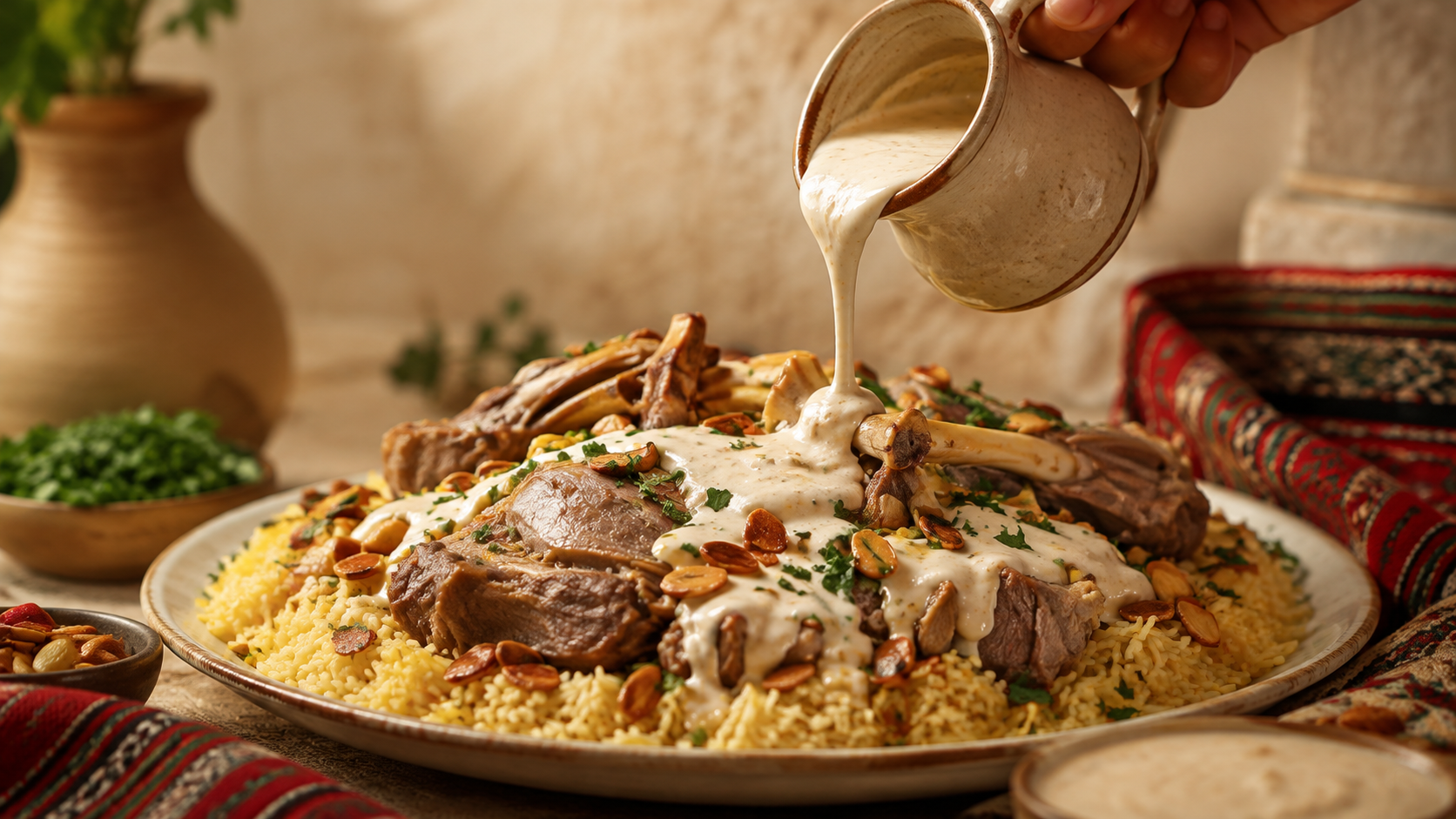 Traditional Jordanian lamb Mansaf with rice, almonds and creamy jameed sauce